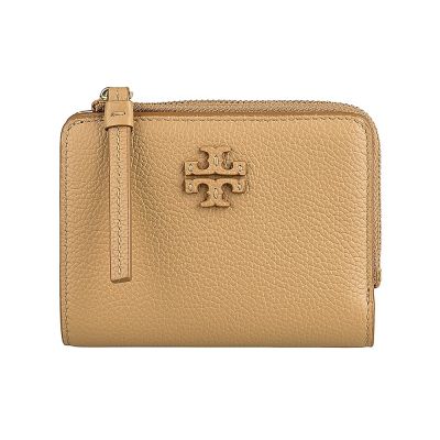 TORY BURCH Mcgraw 立體T字LOGO粒面小牛皮搭織布襯裡6卡壓釦式拉鍊零錢短夾(提拉米蘇棕)