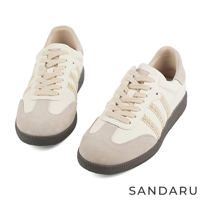 山打努SANDARU-休閒鞋 側織帶拼接麂皮綁帶德訓鞋-白