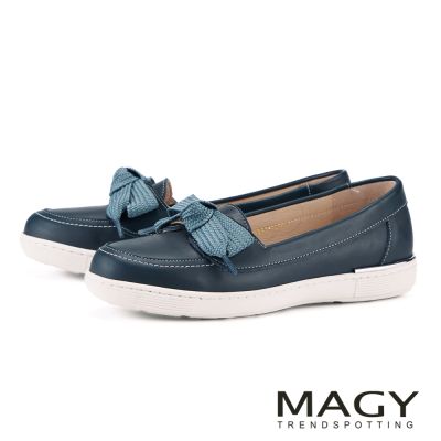 MAGY 清新甜美牛皮蝴蝶結樂福休閒鞋 深藍