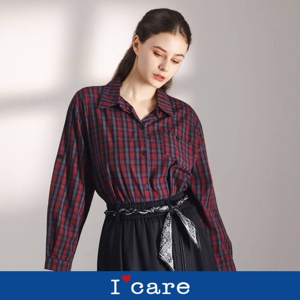 現貨【I'care 依卡】復古紅藍格紋休閒襯衫（F）｜女休閒上衣 長袖襯衫 格紋襯衫