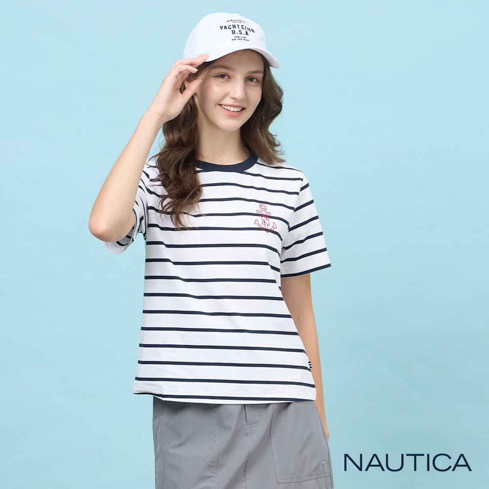 Nautica 官方旗艦 女裝 海軍風條紋短袖T恤-白色
