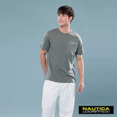 Nautica 官方旗艦 男裝 COMPETITION 異材質拼接純棉短袖T恤-灰綠色
