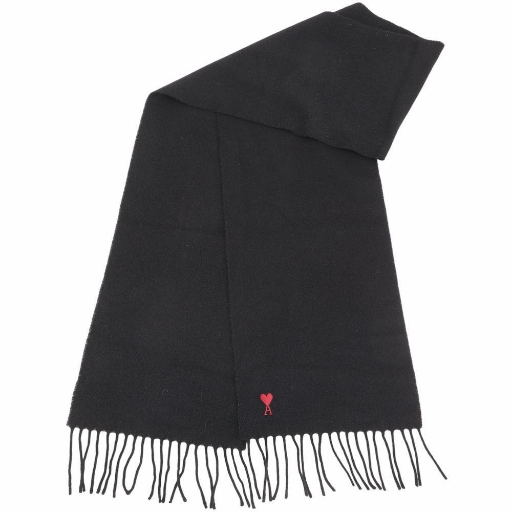 AMI PARIS Red Ami De Coeur 愛心A刺繡羊毛流蘇圍巾 披巾(黑色)
