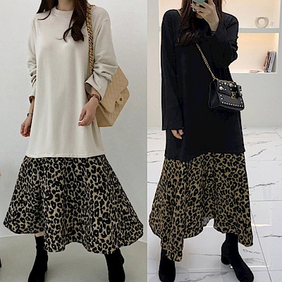 MOCO假兩件磨毛長袖圓領T恤拼接豹紋大擺裙連身裙洋裝XL~4XL