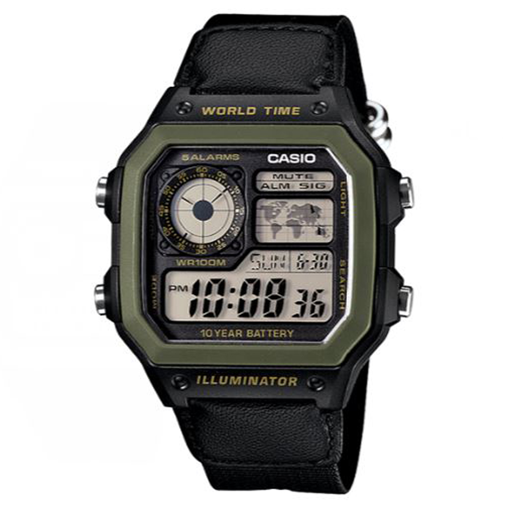 CASIO 經典地圖設計帆布材質數位休閒錶(AE-1200WHB-1B)黑X綠框/45mm / 考試錶