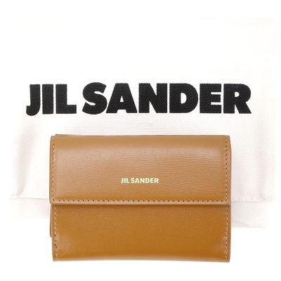 JIL SANDER Tiny 燙金字母小牛皮三折半蓋釦式迷你短夾(棕色)