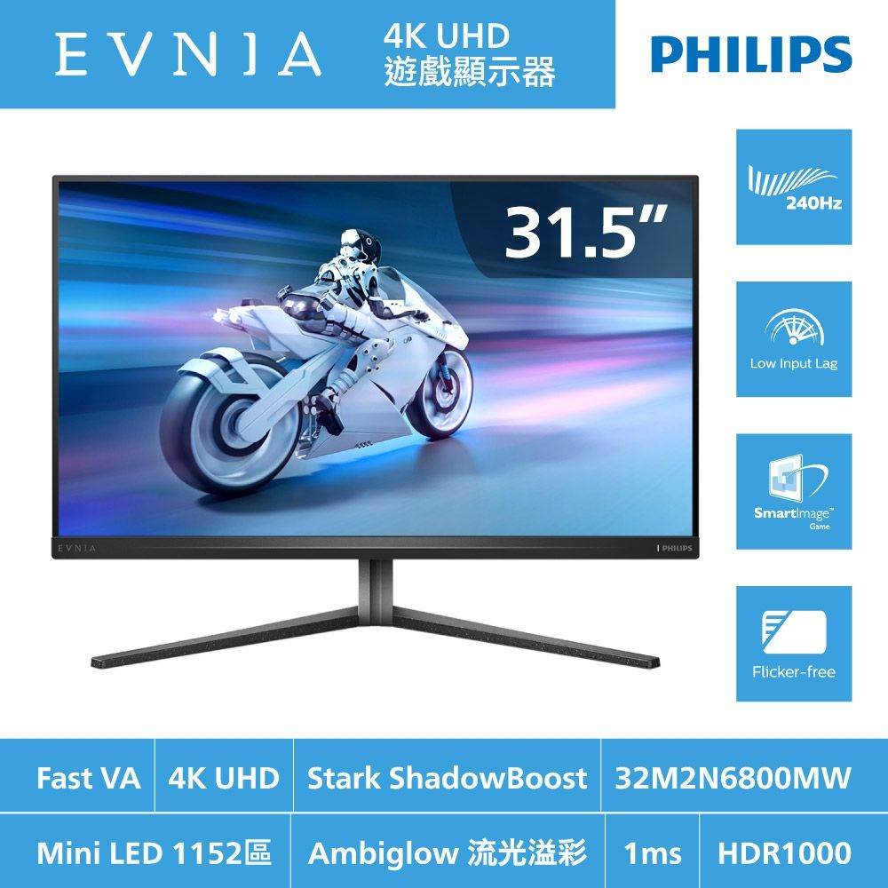 PHILIPS 32M2N6800MW 電競螢幕(32型/UHD/240HzVA/可升降旋轉/Mini-LED