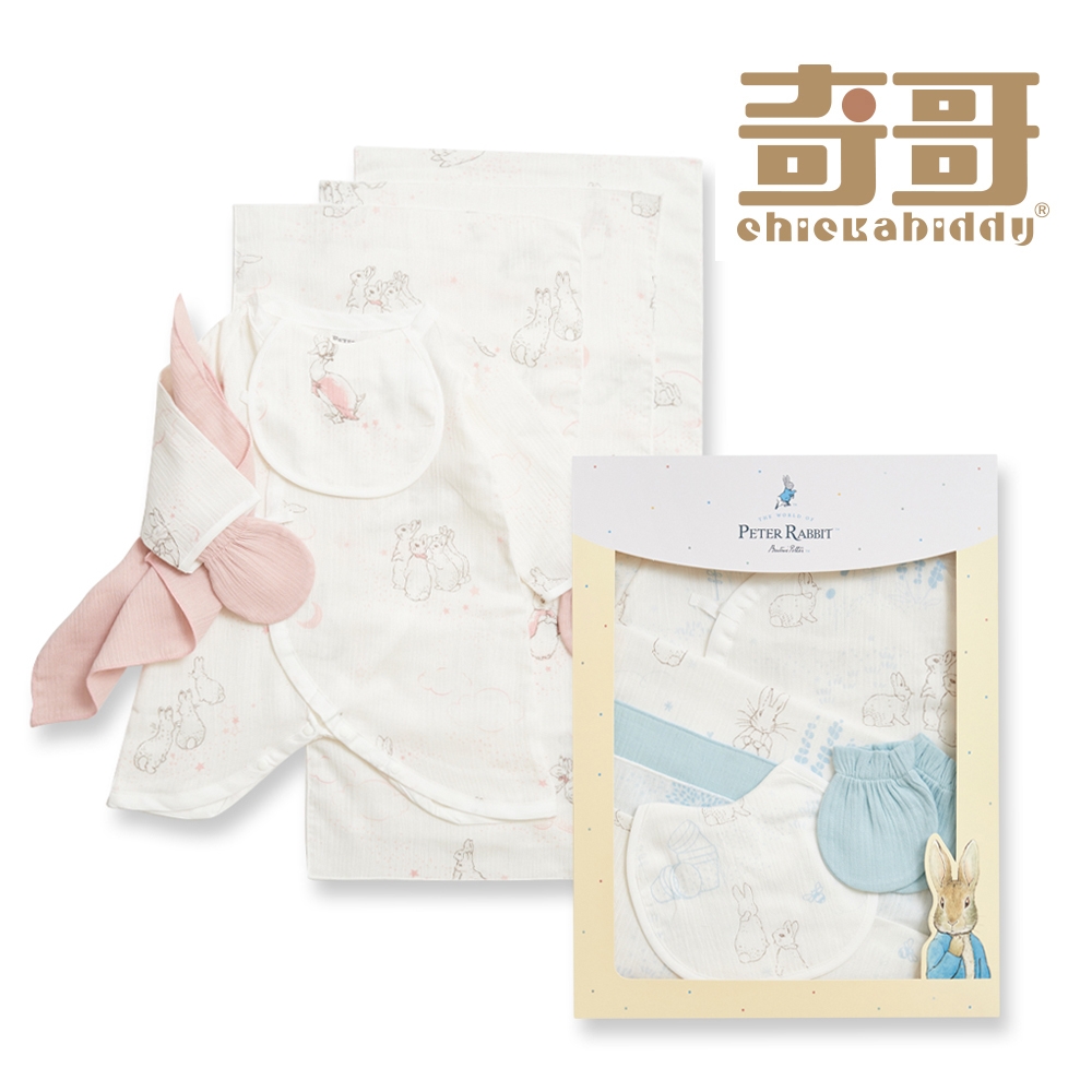 奇哥官方旗艦 比得兔 天絲泡泡紗蝴蝶兔裝/連身衣8件組禮盒 3-6個月 (兔裝+手套+紗布手帕x2+紗布澡巾x2+紗布口水巾 附提袋) (水藍色)