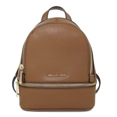 MICHAEL KORS Rhea 金字Logo鵝卵石紋皮革斜/後背兩用包(馬鞍棕/小)