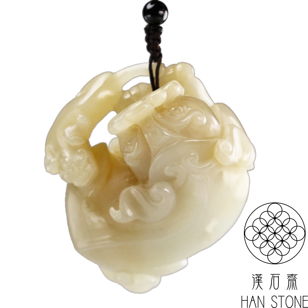 漢石齋】天然A貨和田白玉帶糖母子瑞獸玉珮吊墜(51*59*27mm) | 漢石齋