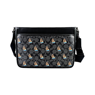 COACH黑灰C Logo PVC帆船印花方型斜背男包