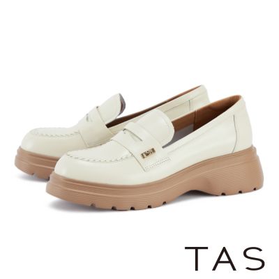 TAS 牛油皮穩定包覆厚底樂福休閒鞋 米白