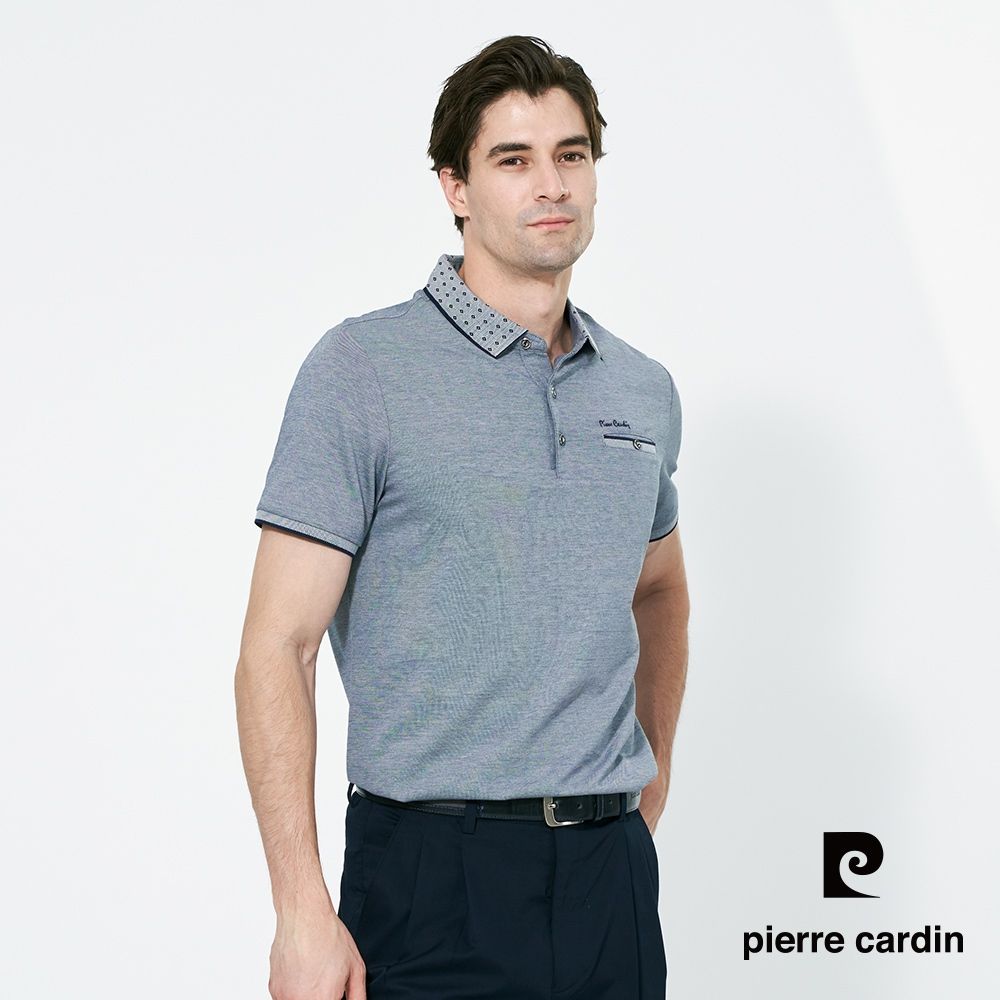 pierre cardin 皮爾卡登 男款 雙色網眼印花短袖polo衫-藍灰色(5257257-39)