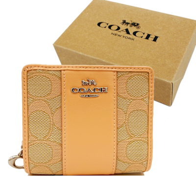 COACH 織布拚牛皮C LOGO字母C鈔票零錢袋短夾附禮盒(粉橘)