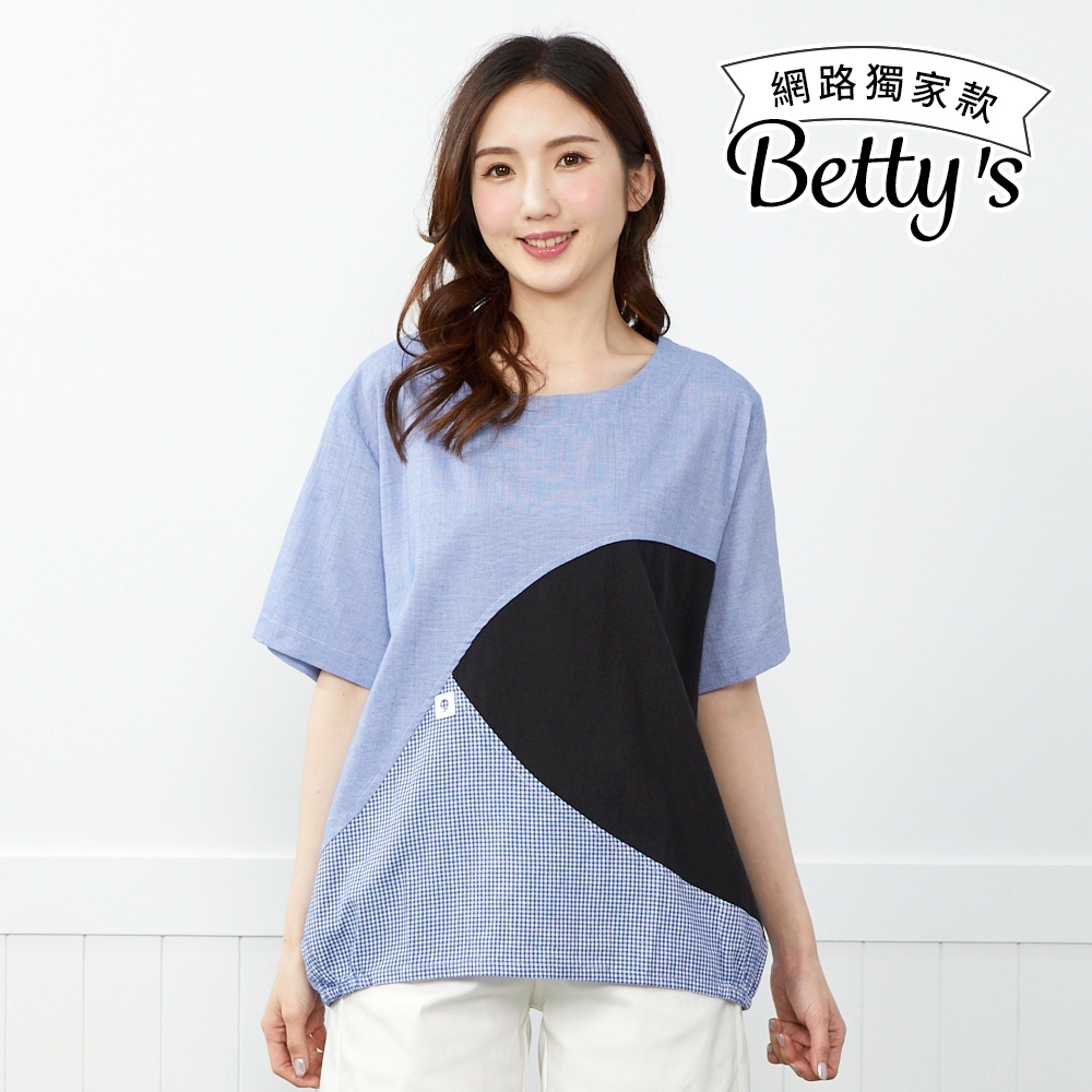 betty’s貝蒂思　格紋拼接棉質短袖上衣(共二色) (藍色)