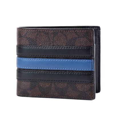 COACH 男款 防刮緹花LOGO皮革飾條短夾-咖啡色/附證件夾