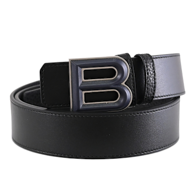BALLY BOLD 經典B LOGO穿釦式牛皮雙麵皮帶(黑/深藍)