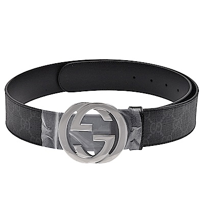 GUCCI 古馳 經典雙G金屬銀釦防水帆布皮革腰帶/皮帶(深灰)