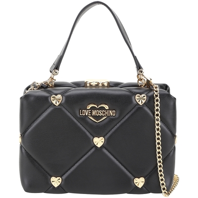 LOVE MOSCHINO 愛心鉚釘菱格絎縫皮革鍊帶口金包(黑色)