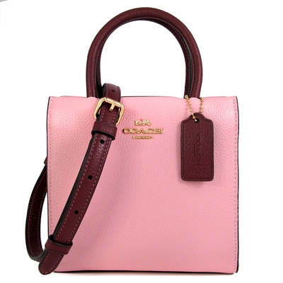 COACH Cally 金馬車Logo鵝卵石紋胭脂粉色皮革迷你托特兩用包(展示品)