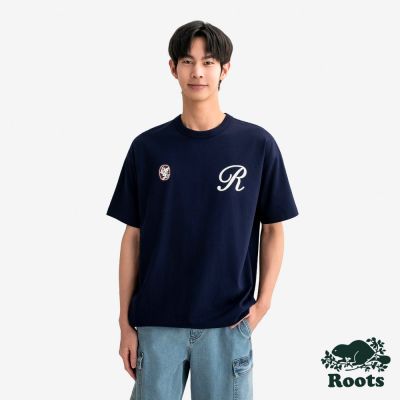 Roots男裝-ROOTS SIGNATURE LOGO 短袖上衣-靛青色