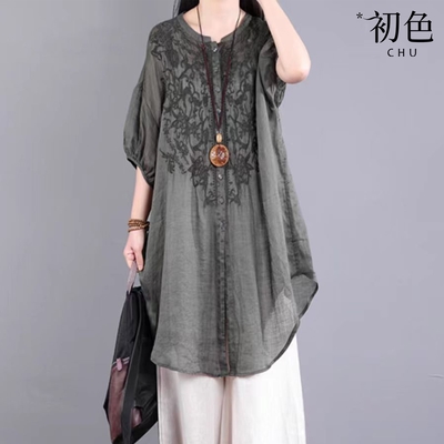 初色 文藝風純色刺繡寬鬆圓領短袖燈籠袖五分袖襯衫T恤上衣女上衣-共3色-36441(L-2XL可選)