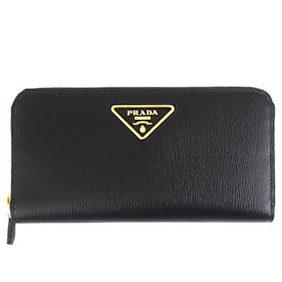 PRADA 黑色縱紋牛皮大三角牌拉鍊長夾(12卡)
