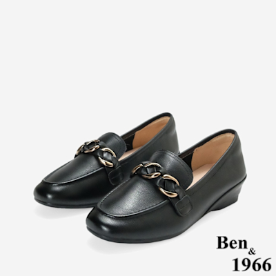 Ben&1966高階頭層牛皮金屬釦飾百搭增高樂福鞋-黑(256371)