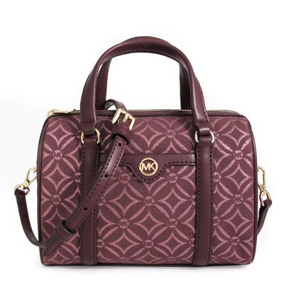 MICHAEL KORS Travel 金字小圓標緹花Logo雙條飾波士頓兩用包(暗紅色/小)