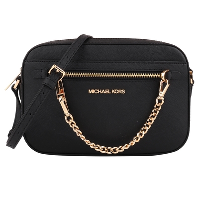 MICHAEL KORS 金字防刮前鍊帶拉鍊方型斜背包(素面黑)