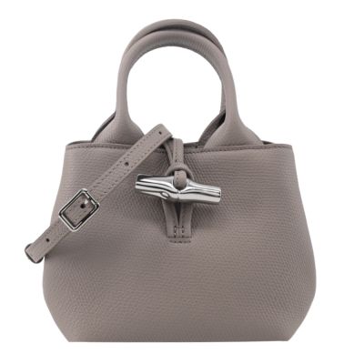LONGCHAMP LE ROSEAU系列金屬竹節粒面牛皮手提/斜背兩用包(迷你/泥褐)