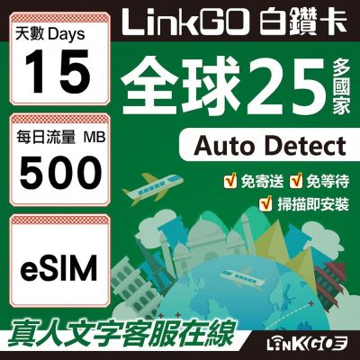 LINKGO白鑽卡 全球25國 eSIM卡 15天上網絡卡 每日500MB(全球網絡卡 亞洲 歐洲 美洲 大洋洲 非洲)