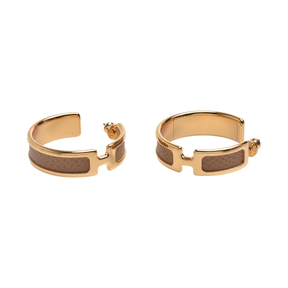 HERMES  經典Olympe earrings系列H LOGO牛皮穿式耳環(金/餅乾色)