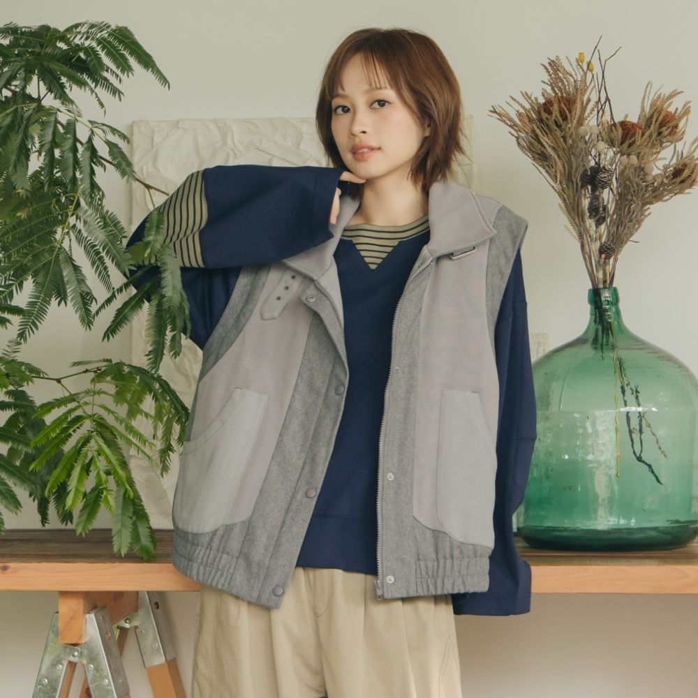 【MOSS CLUB】異材質拼接騎士背心外套(黑 灰/魅力商品)