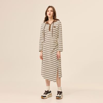 ILEY伊蕾 拼接絨布連帽條紋洋裝(咖；M-XL)