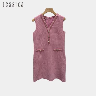 JESSICA - 法式顯瘦V領無袖小香風洋裝254720（粉）