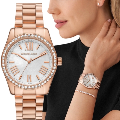 Michael Kors Lexington 優雅時尚珍珠貝晶鑽女錶 飾品禮盒 寵愛媽媽 送禮推薦-38mm MK1088SET