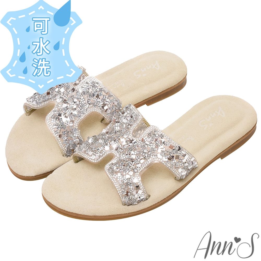 Ann’S水洗牛皮-名媛精緻立體碎鑽透明片 圓頭涼拖鞋1.5cm-銀