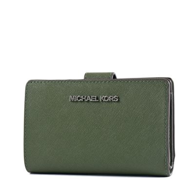 MICHAEL KORS 銀字LOGO素面防刮皮革釦式中夾-亞馬遜綠