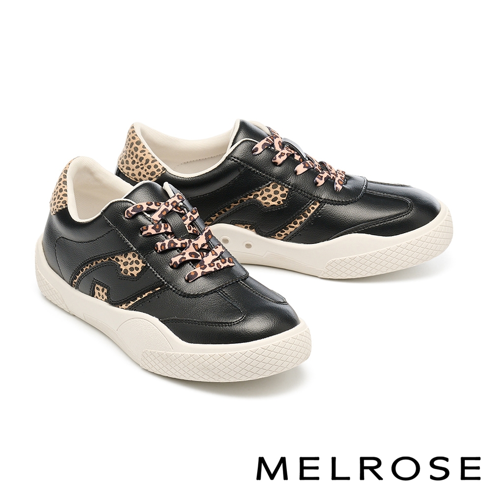 休閒鞋 MELROSE 美樂斯 時髦率性豹紋布拼接牛皮QQ厚底休閒鞋－黑