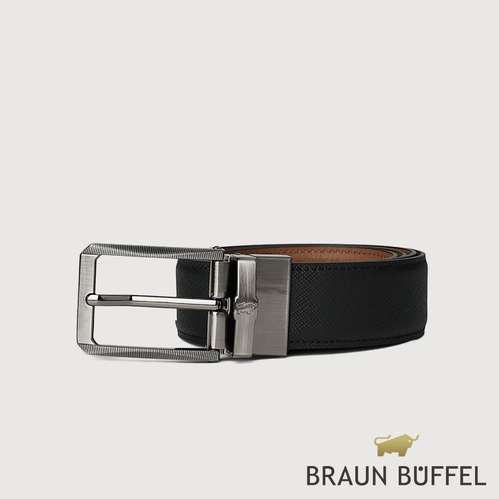【BRAUN BUFFEL 德國小金牛】台灣總代理 都會時尚 硬朗方框真皮穿針皮帶-鎗色/BF26B-JF008-SGU