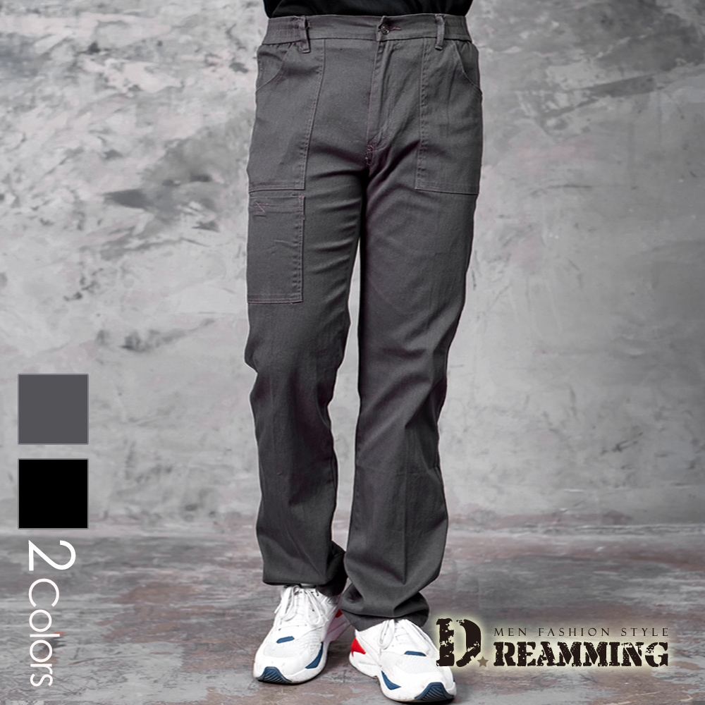Dreamming 四季款高棉魔鬼氈口袋鬆緊腰休閒長褲 工作褲-共二色 (深灰)