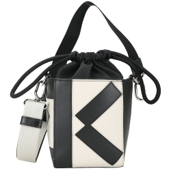 KENZO Kube Nano 幾何線條小牛皮束口斜背水桶包(米黑色) 歐系精品包