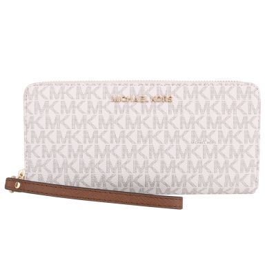 MICHAEL KORS-金字滿版防刮LOGO掛帶拉鍊長夾(米白x駝邊)
