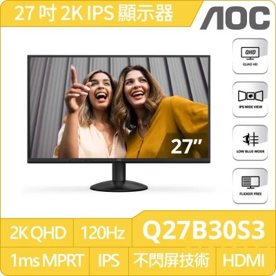 AOC Q27B30S3 是一款27吋IPS面板電競螢幕，支援2560 × 1440解析度與120Hz更新頻率，反應時間僅1ms，提供流暢遊戲體驗。具備HDR、抗藍光、護眼、零閃屏等特殊功能，廣視角178°，色彩表現精準，支援16.7M色彩。無喇叭設計，適合搭配音響使用，並具備VESA壁掛孔與窄邊框設計，適合辦公與娛樂使用。提供三年保固，是看片追劇、學生入門及電競玩家的高CP值選擇。
