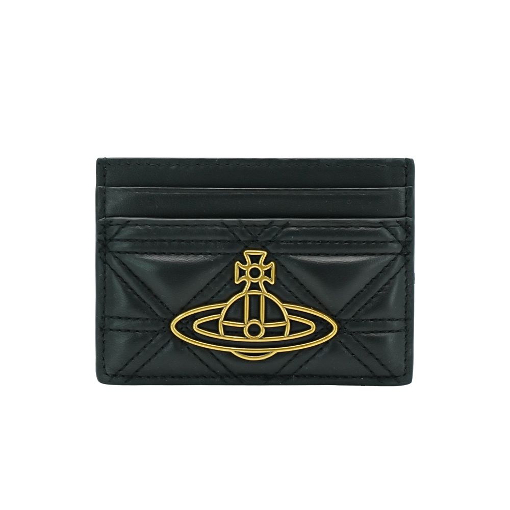 Vivienne Westwood 絎縫皮革金土星logo四卡卡夾(黑)