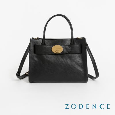 ZODENCE MONA義大利植鞣革橫飾皮帶手提斜背包-深邃黑