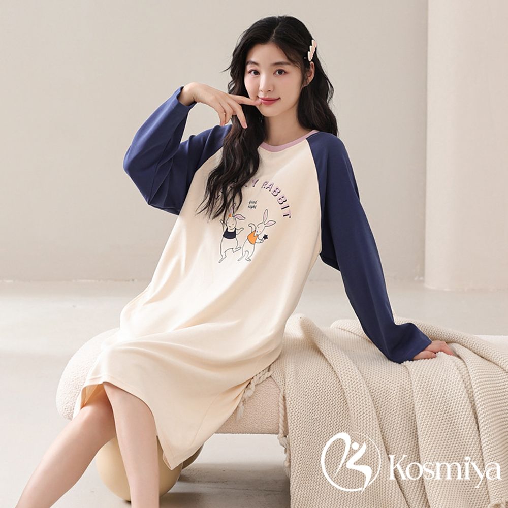 【Kosmiya】1套 帶胸墊 棉質韓系俏皮長袖睡裙/女睡衣/保暖睡衣/長袖睡衣/連身洋裝/洋裝 (韓系俏皮-藍色兔子)