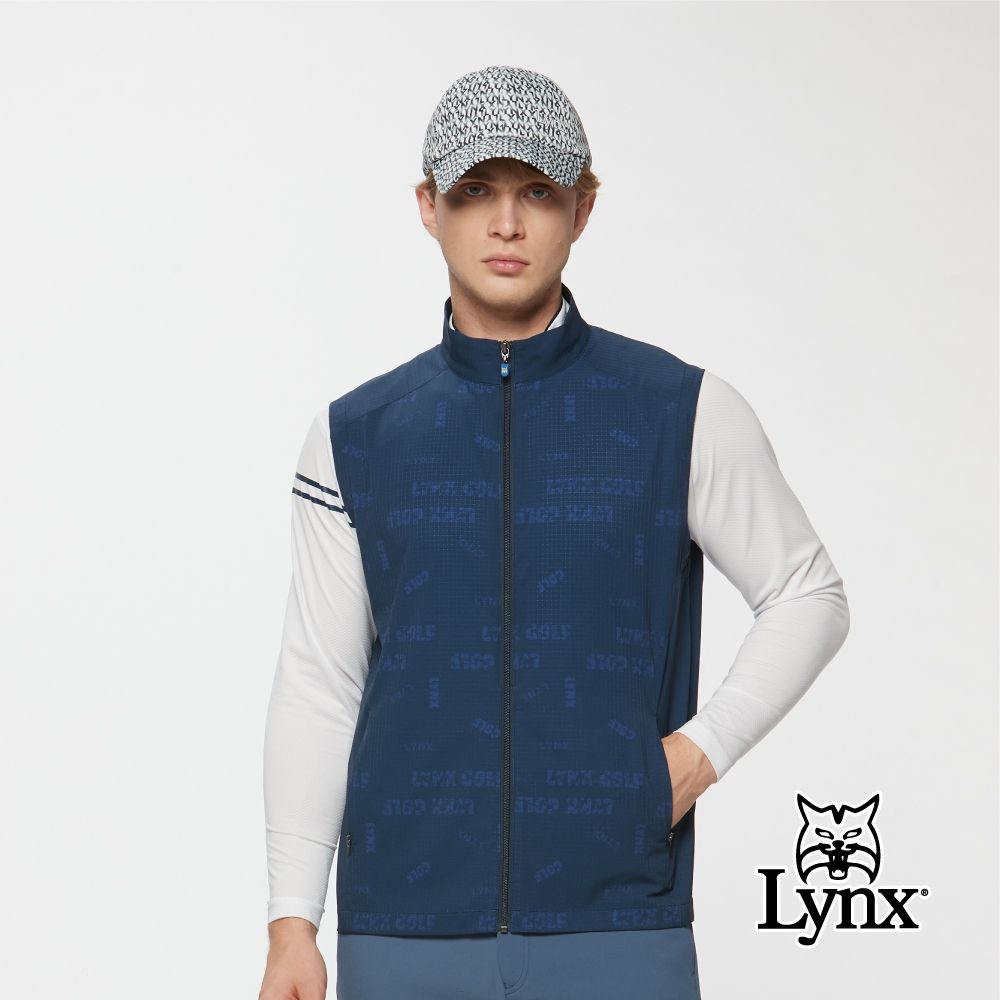 【Lynx Golf】男款四面彈性吸濕排汗環保紗線塗鴉感印花立領背心(二色) (深藍色)