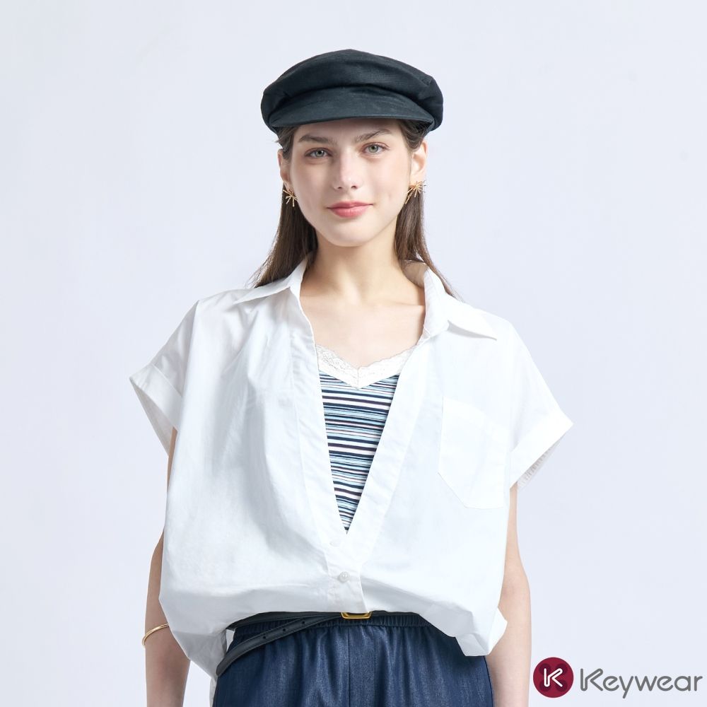 KeyWear奇威名品    清新條紋短袖襯衫兩件式上衣(共2色)-白色